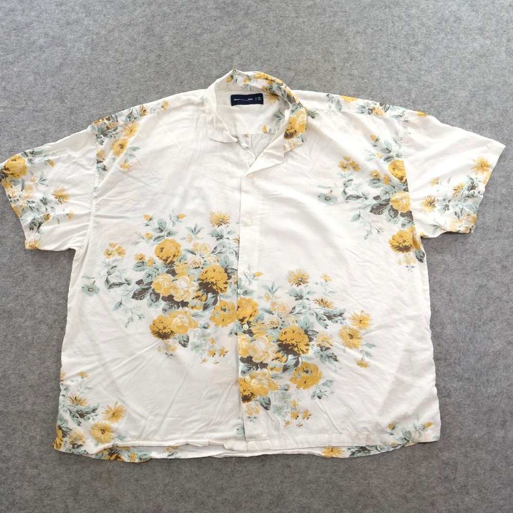 Abercrombie Fitch Shirt Mens XXL 2XL Beige Floral Short Sleeve Camp Collar